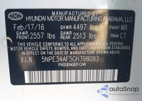 2016 Hyundai Sonata Sport из США, поврежденный, VIN 5NPE34AF5GH398083